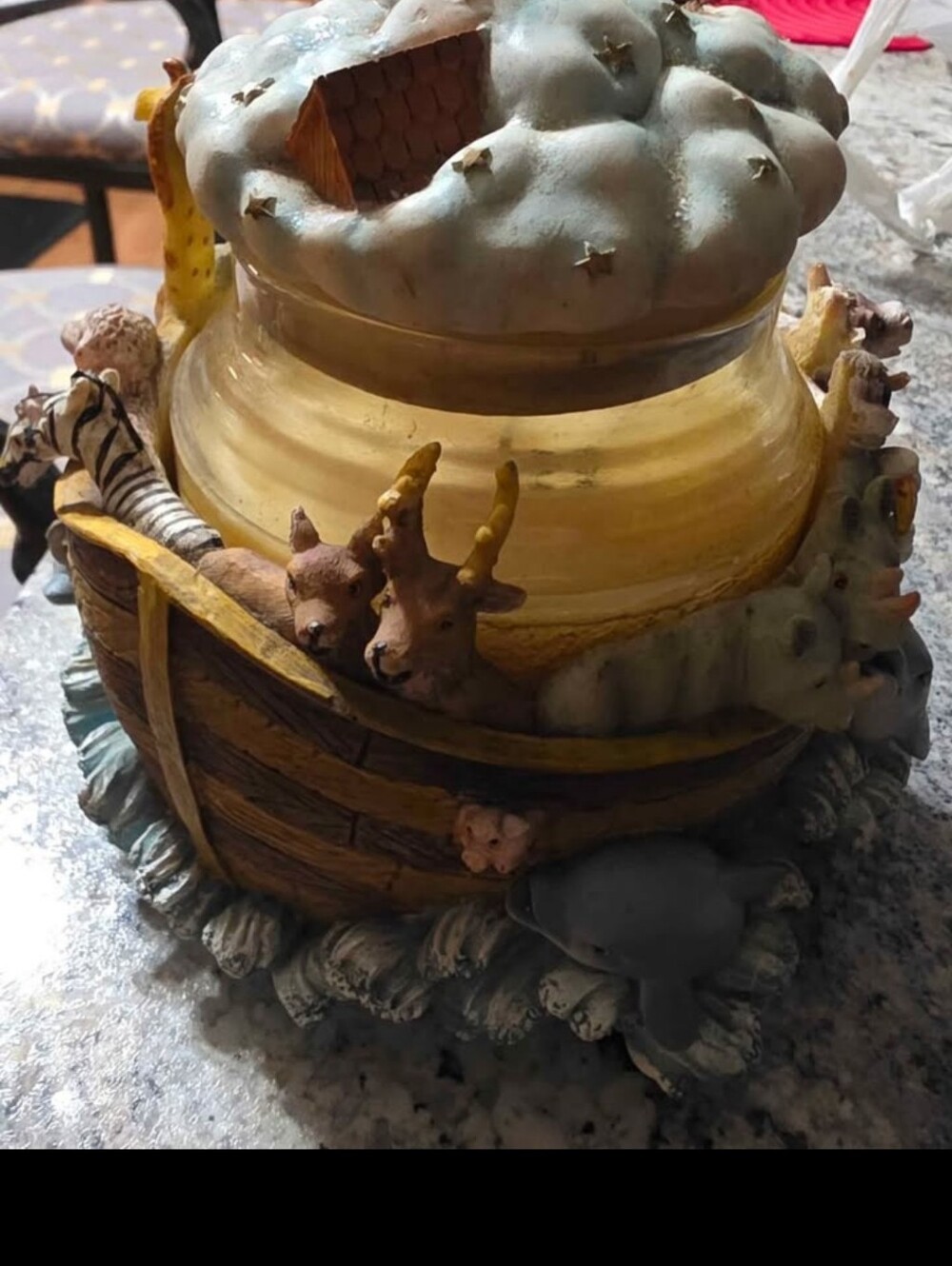 Vtg Noah’s Ark Resin Candle Sleeve Jar Shield, Cloud Lid Topper & Candle Set